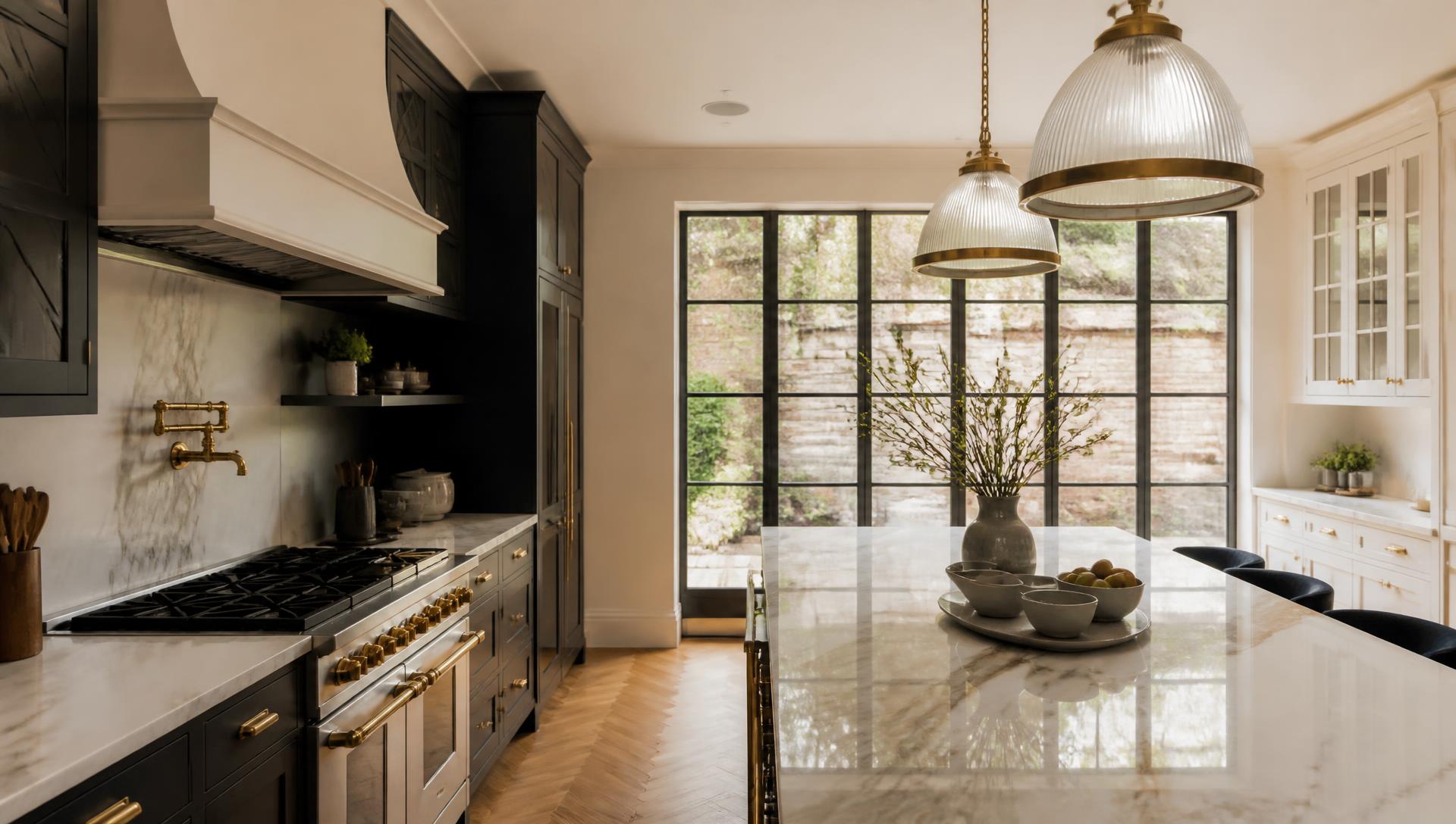 Renovated kitchen with marble island and brass fittings
